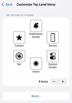 Customize Top Level Menu screen in AssistiveTouch settings, showing options to edit actions like Custom, Notification Center, Device, Siri, Home, and Control Center.