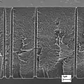 Asymmetric ion track channels with strongly reduced top diameter.