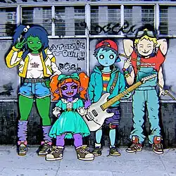 Illustration of the four virtual band members: a tall green-skinned woman, a small purple-skinned goblin girl, a blue alien boy, and a four-armed man.