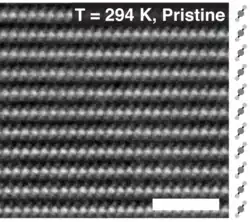 Atomic resolution image of 1T-TaS2 (298 K). Acquired using HAADF STEM. Scale bar 2&nbsp;nm.[10]
