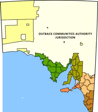 The extent of the Pastoral Unincorporated Area of South Australia (shown in white)