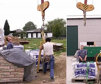 Cranes can mount many different fittings, such as hooks, blocks, spreader bars, and "choker" lines, depending on load