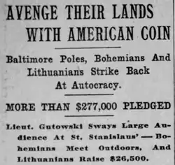 An April 22, 1918, article in the Baltimore Sun about Bohemians, Lithuanians, and Polish people in Baltimore engaging in fundraising for liberty bonds.