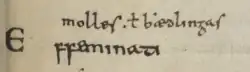 A zoom on a manuscript page bearing a few words in black ink