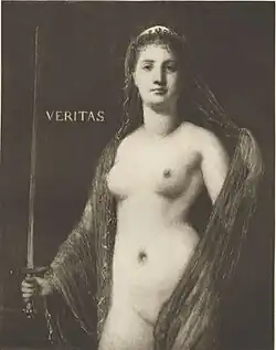 A grainy black-and-white painting of a nude woman holding a sword