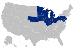 The Big Ten as it existed between 2014 and 2024, after the 2014 additions of Maryland and Rutgers