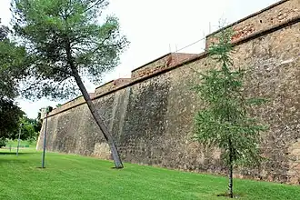 Large curtain wall with embrasures and bartizan in the background