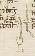 a fingernail stretches about four times the length of hand to point several rows into the text