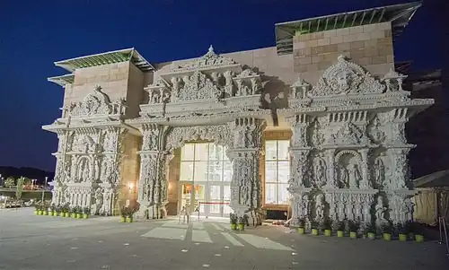 Swaminarayan Akshardham in Robbinsville, New Jersey, U.S., is the world's second-largest Hindu temple and the largest and most-visited Hindu temple outside Asia.[179]