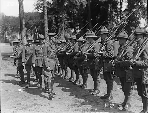 A man in uniform of an officer walking along a line of men standing at attention