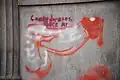 Phallic graffiti reading ‘Confederates suck my dick’, stencilled onto the Jefferson Davis Memorial, Monument Avenue. The graffiti was produced during the George Floyd protests in Richmond, Virginia in 2020