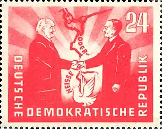 1951 East German commemorative stamp of the Treaty of Zgorzelec establishing the Oder-Neisse line as a “border of peace”, with Pieck and President Bolesław Bierut of Poland