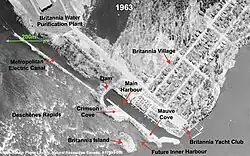 Vertical aerial view after Phase 1 (1950–1951) construction highlighting how Britannia Island would facilitate the creation of the inner harbour in Phase 2 (May 6,1963).