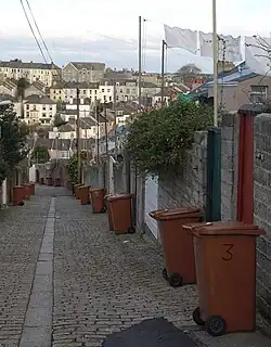 A cobbled alleyway separating two blocks of houses