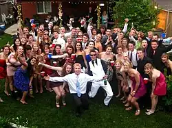 People posing at a backyard party in Canada