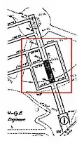 Enlargement of entrance 1 to tunnel complex with 'baffle' isolated in red box
