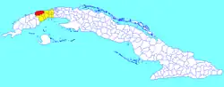 Bahía Honda municipality (red) within Artemisa Province (yellow) and Cuba