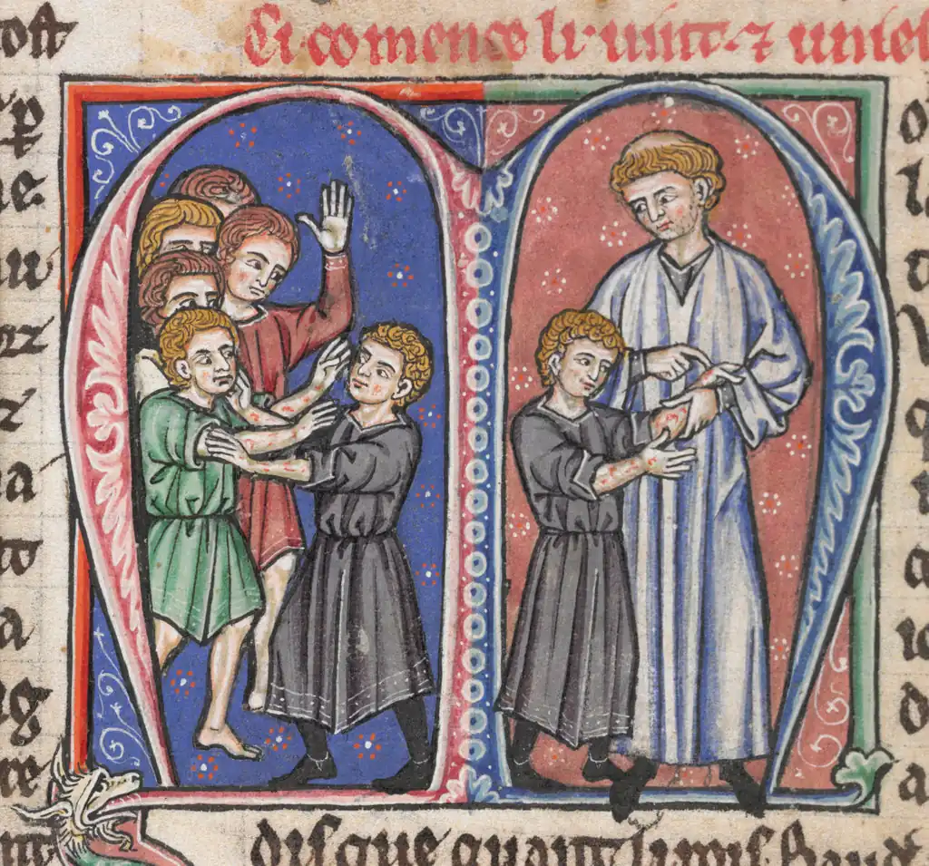 A miniature painting from a medieval manuscript, divided into two panels. On the left panel, some boys are playing and injuries can be seen on their arms. On the right panel, a man inspects the injuries on one of the boys' arms.