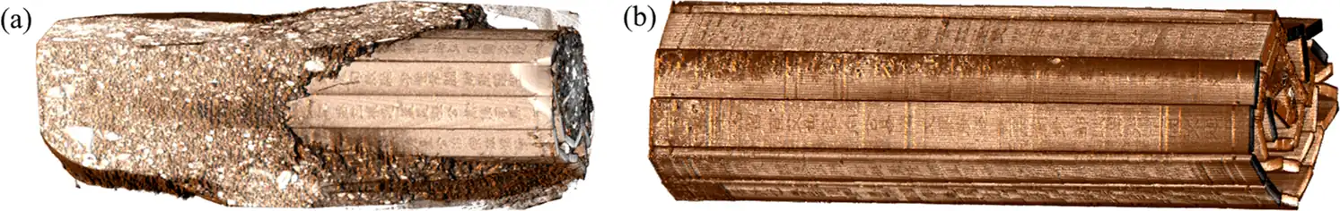 Reconstructed and rendered soiled Scroll A before and after virtual cleaning
