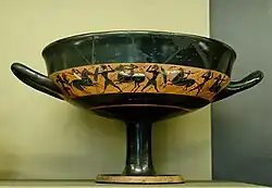 Band cup by an unknown artist showing fighters, c. 540 BC, from Vulci, now in the Louvre, Paris