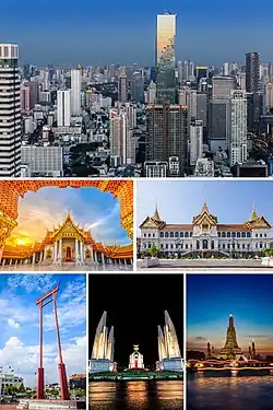 From top, left to right: Silom–Sathon business district, Wat Benchamabophit, Grand Palace, Giant Swing, Democracy Monument, and Wat Arun