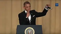 President Barack Obama ending his final Correspondents' Dinner speech with a mic drop at the 2016 Dinner