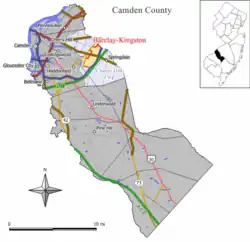 Map of the former Barclay-Kingston CDP in Camden County. Inset: Location of Camden County in New Jersey.