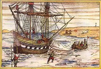 Willem Barentsz' ship among the Arctic ice.