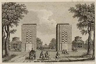 The Arc de Triomphe under construction between the toll houses of the Barrière de l'Étoile, 1818