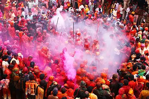 Image 21Devotees during Lathmar Holi, by Narender9 (from Wikipedia:Featured pictures/Culture, entertainment, and lifestyle/Religion and mythology)