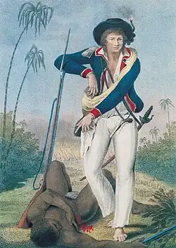 Portrait of Stedman standing over a maroon after the capture of the Surinamese village of Gado Saby from the frontispiece of his Narrative