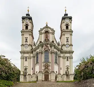 Rococo Doric columns and pilasters on the facade of the abbey church of Ottobeuren, Germany, by Johann Michael Fischer, 1748–1754[24]
