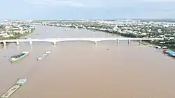 Aerial view of Takhmao Bridge and Basac River at Takhmao