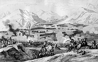 Print showing lines of soldiers maneuvering and fighting with mountains in the background
