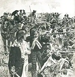 Black and white drawing of French Republican soldiers on the firing line.