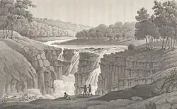 Aquatint: 'Bathurst's Fall' (Apsley Falls), drawn by Major James Taylor from a sketch by Evans, engraved by John Clark, published by John Murray (London) in 1820.