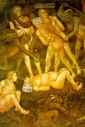 Sodomite (on the ground) at Last Judgement fresco, Collegiate Church of San Gimignano