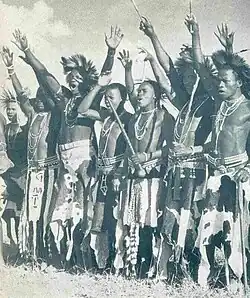 Image 56Batswana men dressed in traditional attire during the visit of King George VI, Queen Elizabeth, and Princesses Elizabeth and Margaret to Lobatse, Bechuanaland, on 17 April 1947 (from Tswana people)