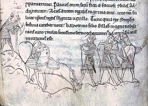 Scene from the battle of Lincoln. Left to right: Man with axe, soldier with shield accompanied by a horse, and four identically dressed knights with shields.