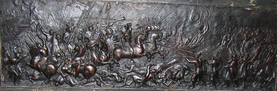 Relief of the battle by Jean Thibaut, showing John II Casimir Vasa leading Polish cavalry against Cossack positions