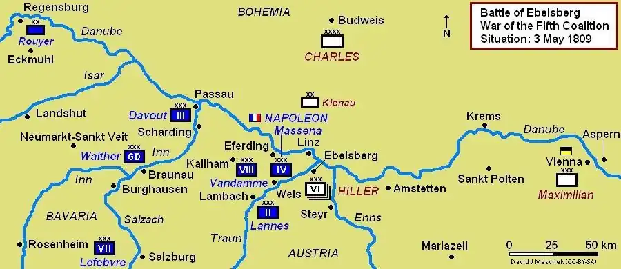 Battle of Ebelsberg, 3 May 1809, campaign map