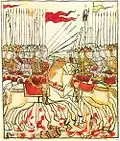 A 17th-century miniature of the Battle of Kulikovo (1380). A warrior bears a red banner with a cross.