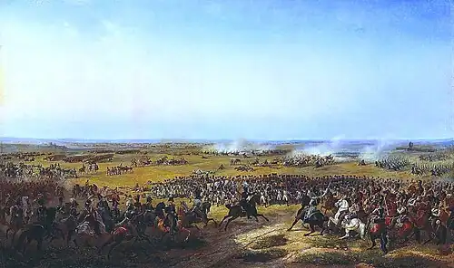 Painting shows a body of foot soldiers surrounded by cavalry, with fighting going on in the distance.