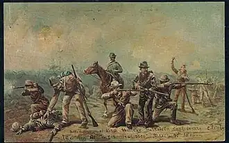 Battle of Paris, This skirmish was fought March 11, 1862, in the vicinity of Forrest Heights on the west margin of the city. Losses in killed and wounded were light on both sides. This painting, executed by Frederick Ruple, a veteran of skirmish, is owned by John P. Morrow Jr.