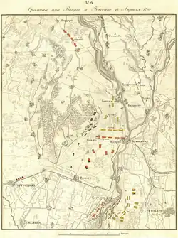 Combats of Vaprio and Cassano A – The initial Allied position from the evening of 26 April B – The troops' position at the battle itself on 27 April In all, approx. 10,500 French and approx. 24,500 allies.[61]