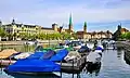 Limmat effluence downstream Lindenhof and the historical Turicum