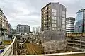 Construction of Royal-Hamilius in 2016, surrounding the untouched building at 49, Boulevard Royal