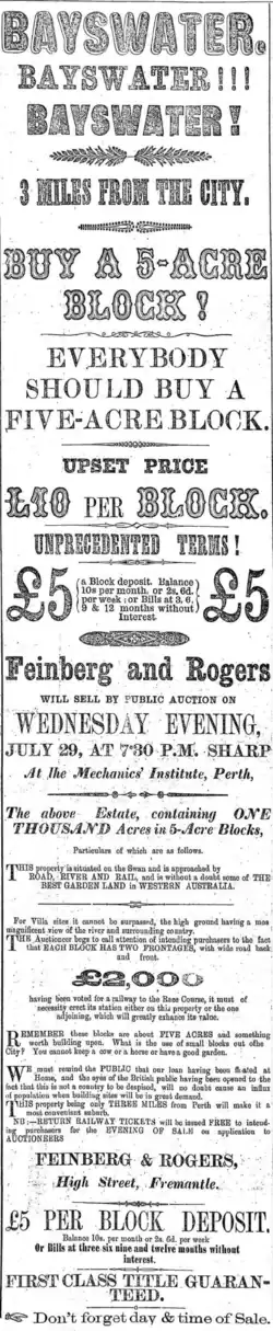 Newspaper advertisement from 1885 advertising land for sale in Bayswater