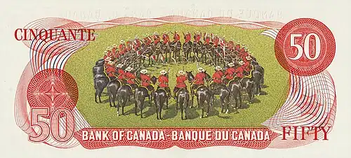 Dome formation of the Musical ride on the Scenes of Canada $50 note, 1975