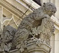 Stone sculpture of a beaver over an entrance to the Parliament Building of Canada
